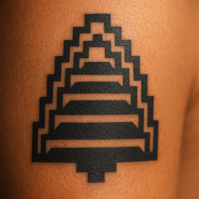 A layered, stepped geometric pattern resembling rice terraces in solid black ink on an upper arm.