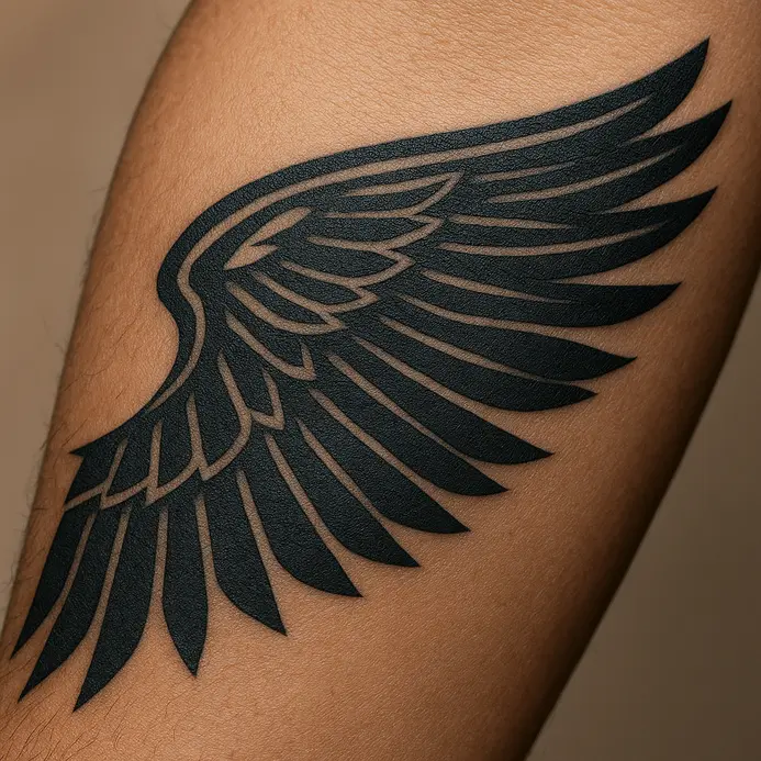 A stylized black tattoo of an eagle's wing with geometric feather details wrapping around a forearm.