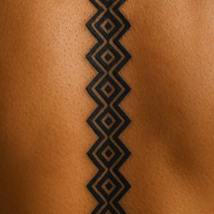 A continuous line of repeating diamond and line patterns running vertically down the center of a back.