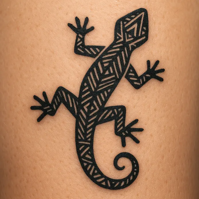 A simplified, angular black gecko shape with tribal fill patterns on a bicep.