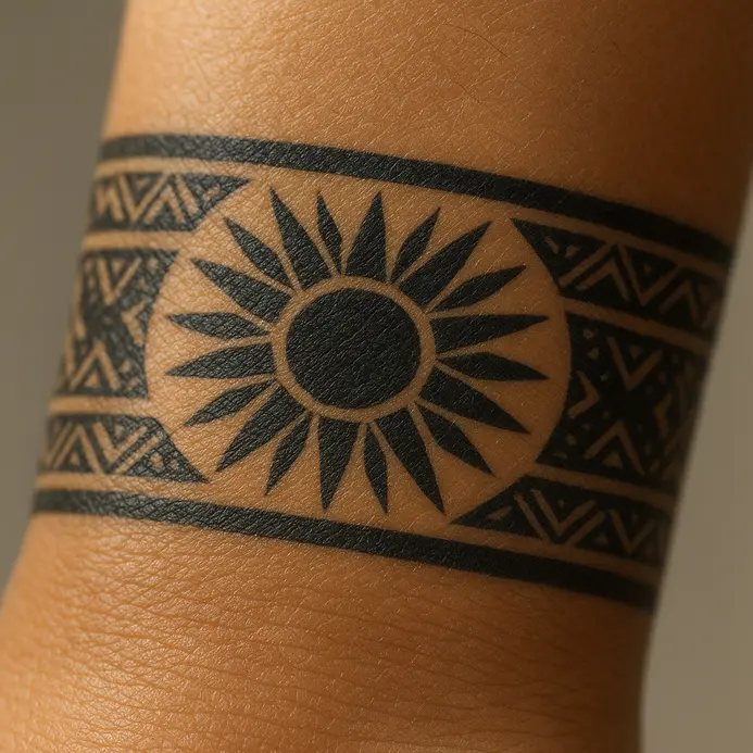 A circular band of radiating black lines and triangles around a wrist, resembling a sun.