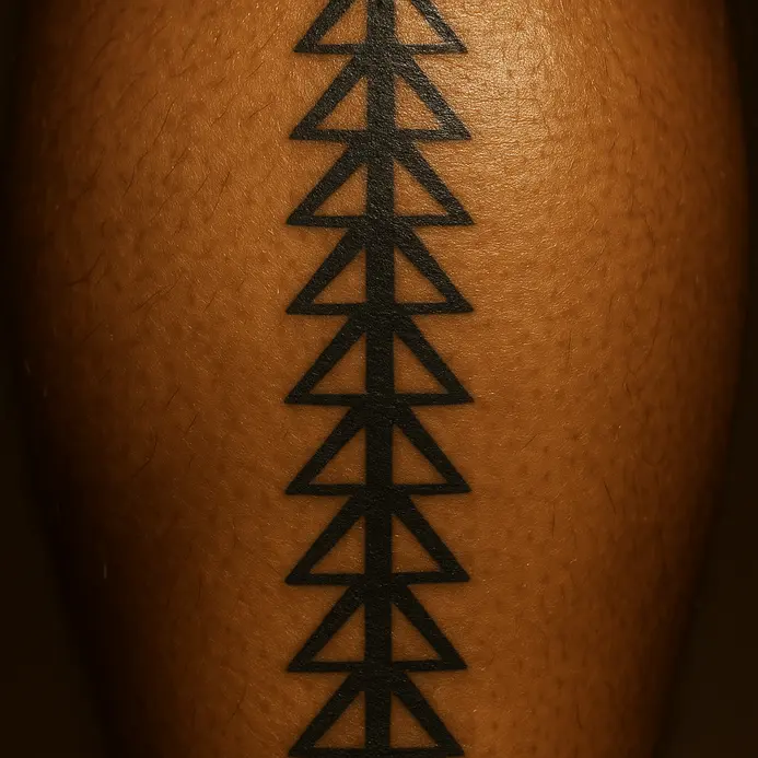 A series of sharp, triangular spearhead shapes in a vertical row on the calf muscle.