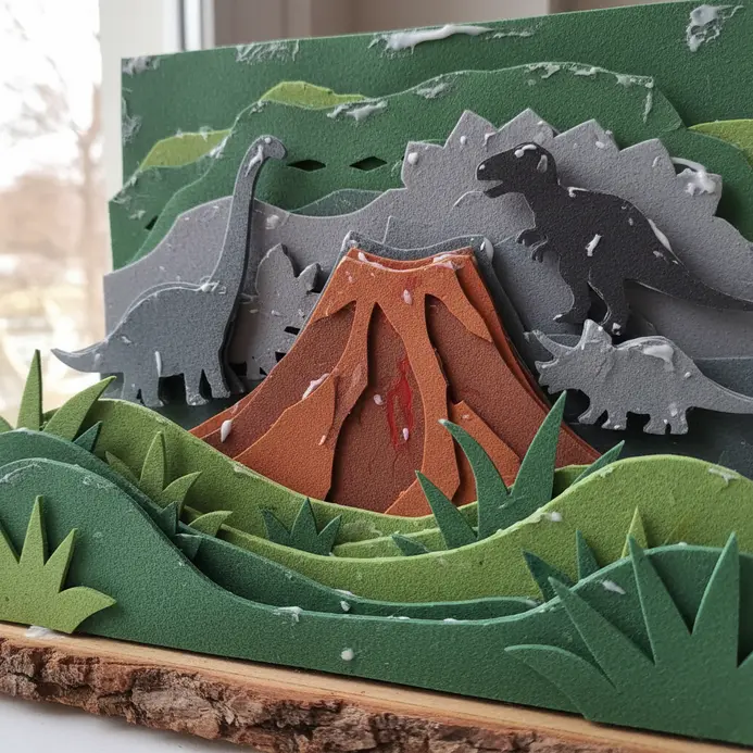 A layered diorama with green foam hills, a brown volcano, and foam dinosaur shapes.