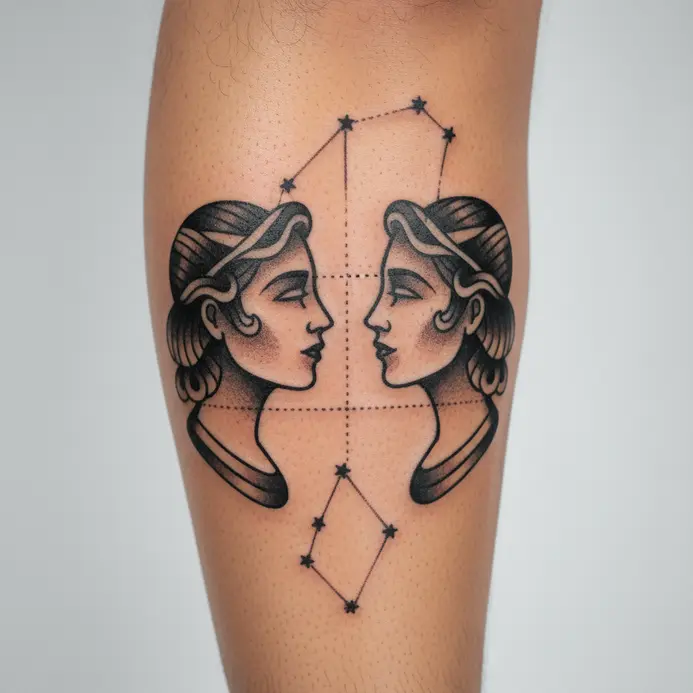 Bold traditional tattoo outlines of the Gemini twins overlay a dotted star constellation on the calf.