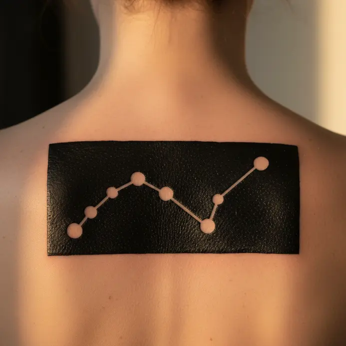 A solid black shape has small circles cut out to form the Gemini constellation on the back.