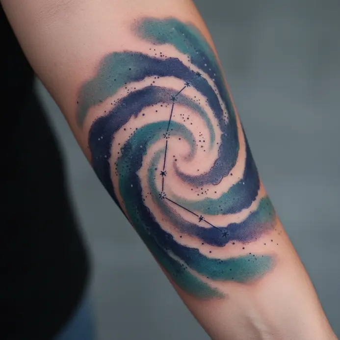 A detailed Gemini star map is integrated into a larger cosmic sleeve tattoo with planets and nebulae.