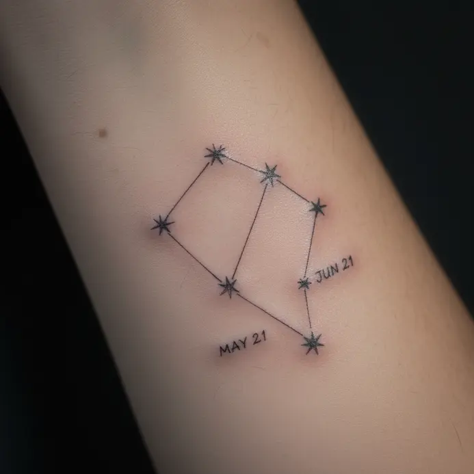 A fine-line Gemini constellation on the forearm is accompanied by a small, handwritten date.