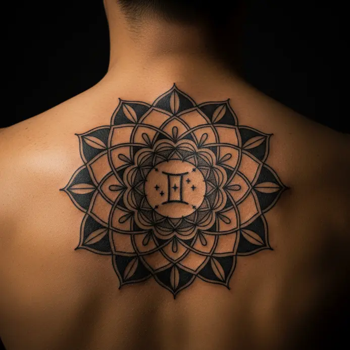 An ornate mandala radiates from a central Gemini constellation tattoo on the upper back.