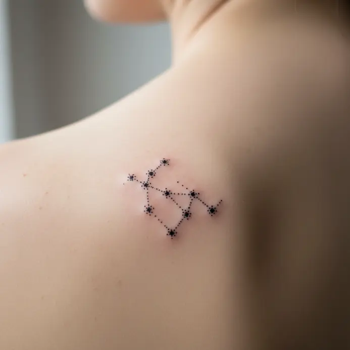 A small, clustered group of stars forming the Gemini constellation sits on the shoulder blade.