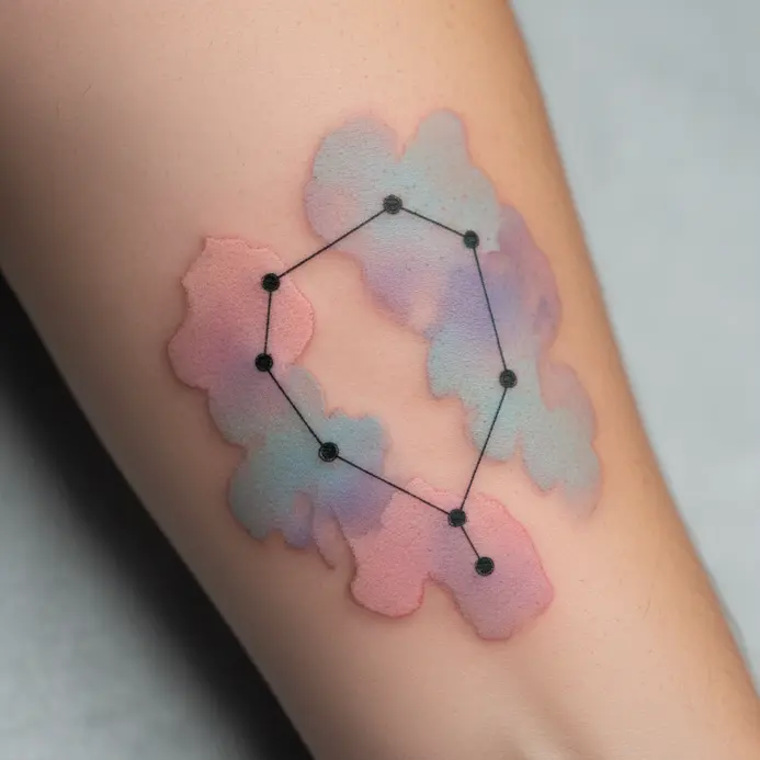 A Gemini constellation with precise dots surrounded by a soft pink and blue watercolor wash.
