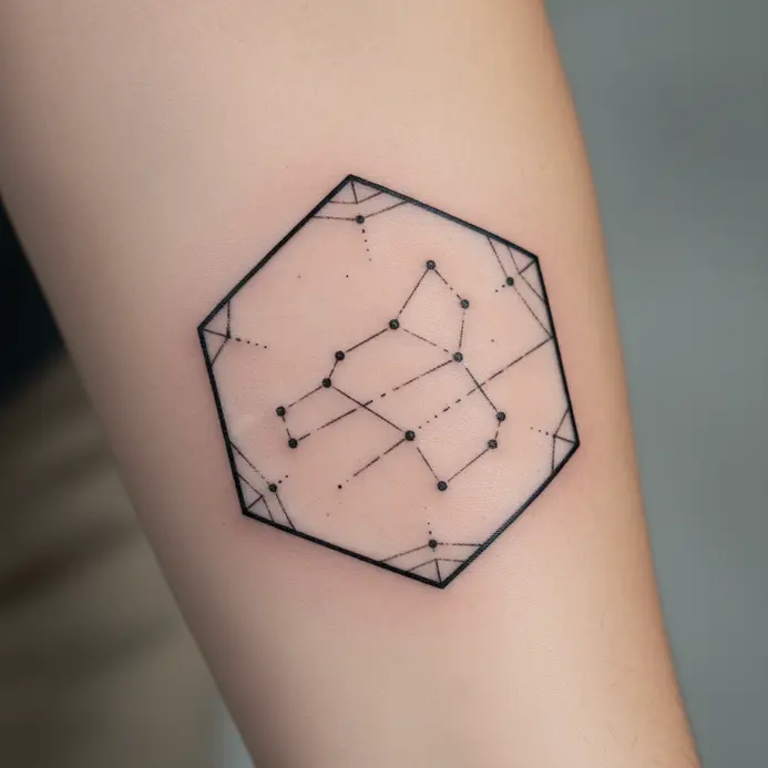 A clean hexagon outline contains a detailed Gemini star map on the forearm.
