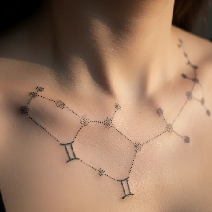 A Gemini constellation created with stippled dots extends along the collarbone.