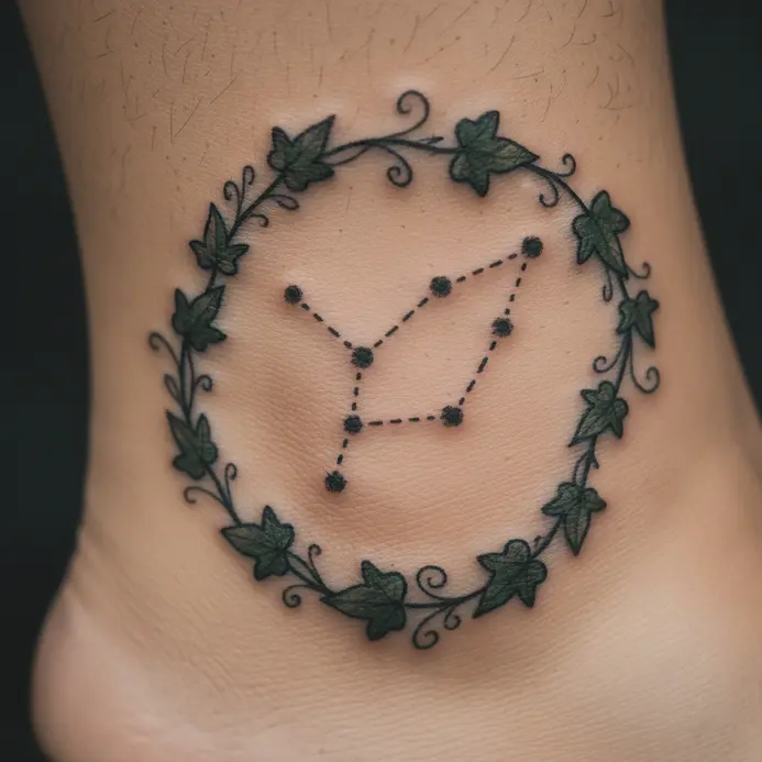 Fine-line Gemini stars are woven through a trailing ivy vine tattoo on the ankle.