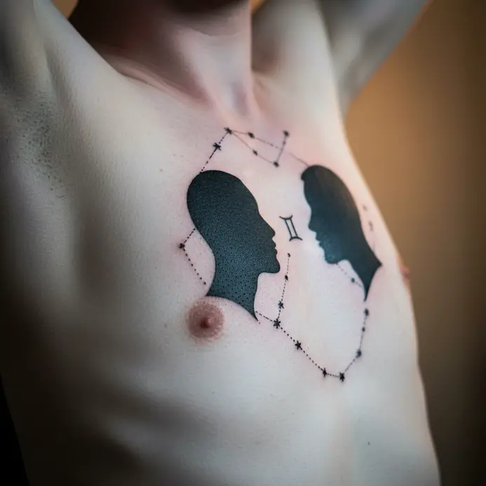 Two mirrored abstract silhouettes connect to form the Gemini constellation on the ribcage.