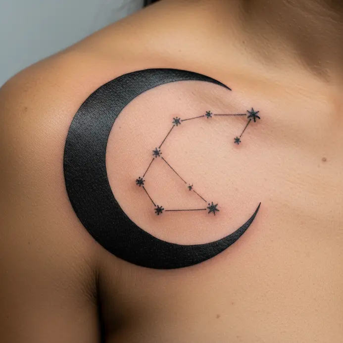 A solid black crescent moon shape holds a fine-line Gemini star map on the shoulder.