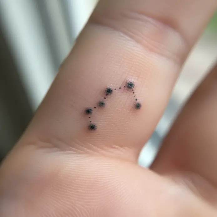 A minuscule, simplified Gemini constellation tattooed on the side of a finger.