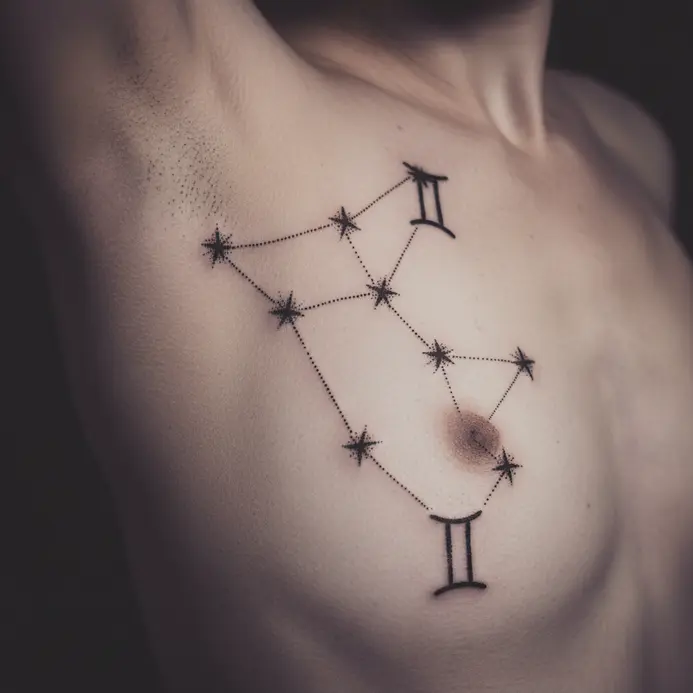 A large, intricate Gemini constellation created entirely with stippled dots flows along the ribcage.