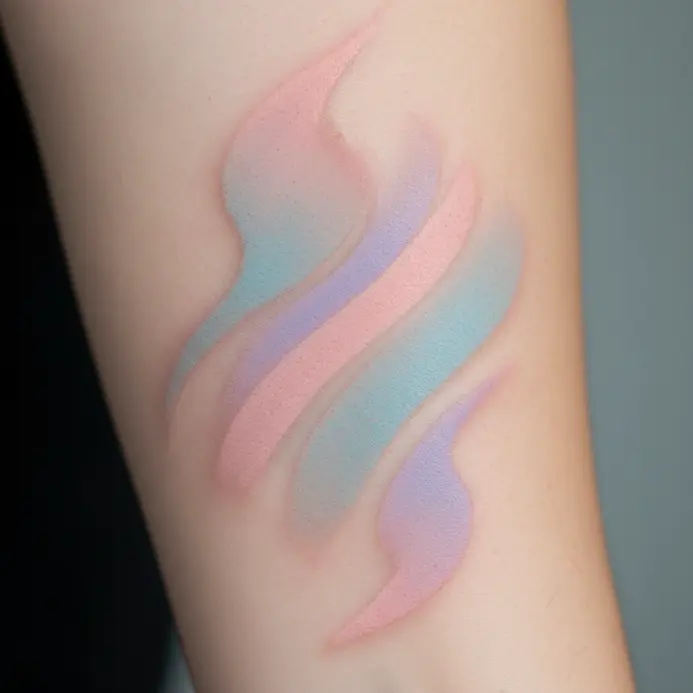 A flowing, abstract cloud-like shape tattooed with a gentle gradient of pink and blue pastel ink.