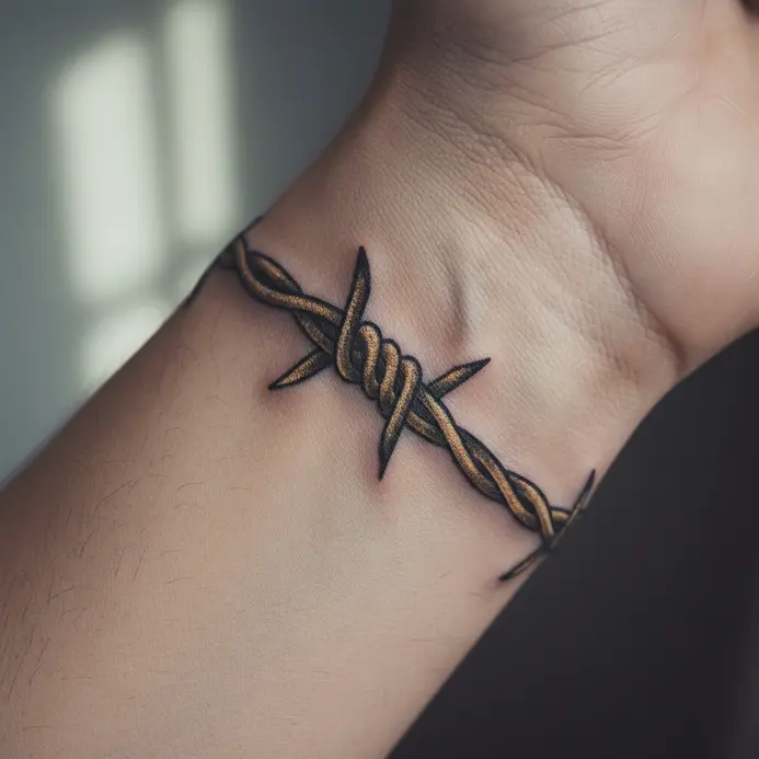 A barbed wire pattern tattooed around the wrist in a style reminiscent of old illustrations.