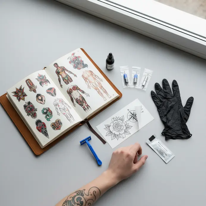 Open sketchbook showing different tattoo design concepts and style references in pencil.