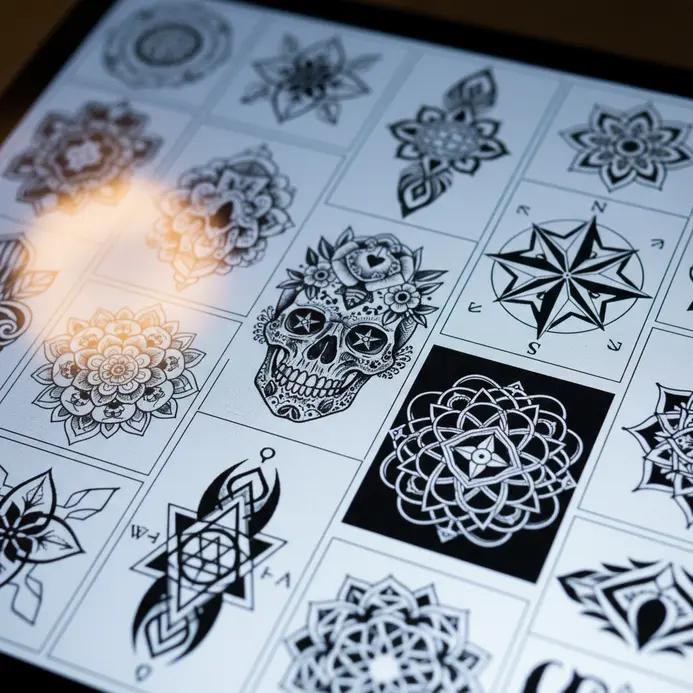 Hands scrolling through a digital tablet displaying a tattoo artist's detailed portfolio.