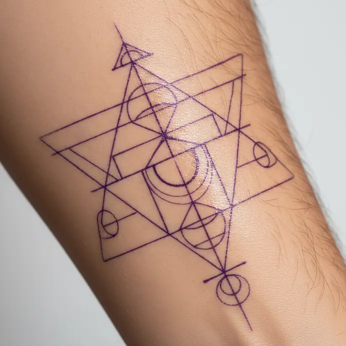 A tattoo artist and client reviewing a design sketch and pointing to placement on an arm.
