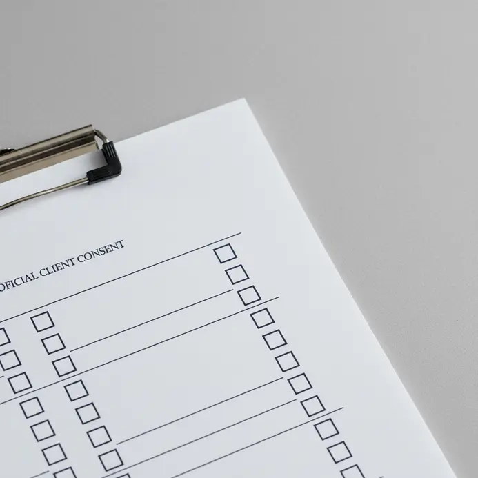 A person's hand filling out official consent paperwork on a clipboard in a tattoo shop.