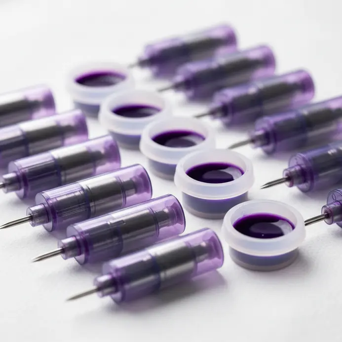 A clean tattoo station with sealed needle cartridges, ink caps, and wrapped equipment.