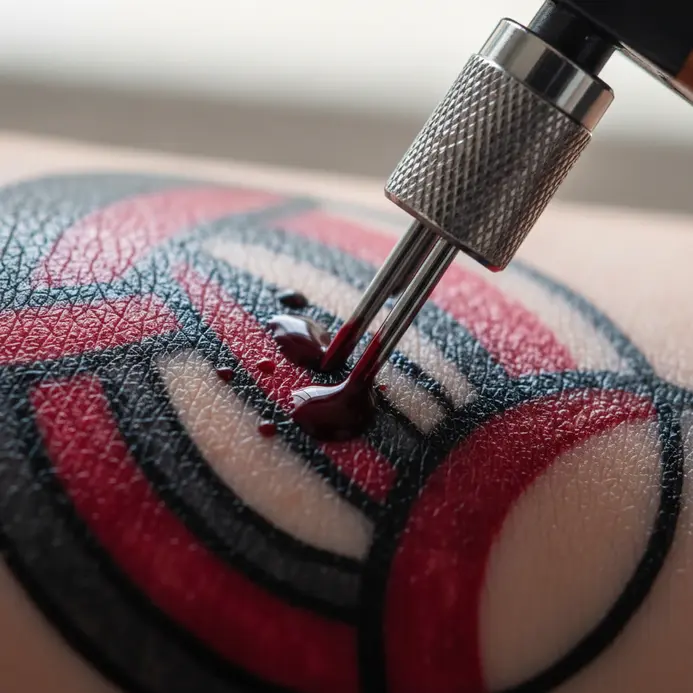Close-up of a tattoo machine in use, with a client's relaxed hand visible.