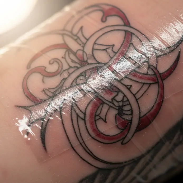 An artist smoothing a transparent, medical-grade bandage over a completed tattoo.