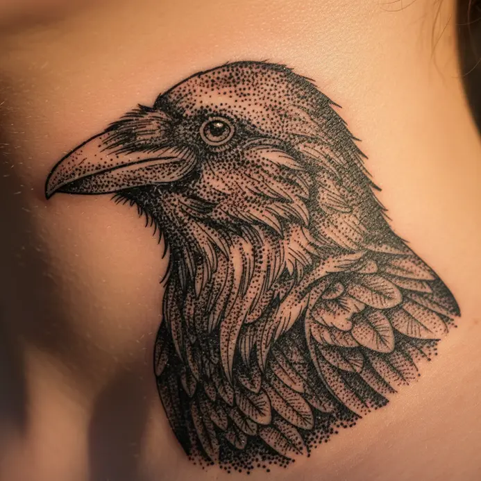 A tattoo of a raven created entirely with stippling dots, placed on the side of the neck.