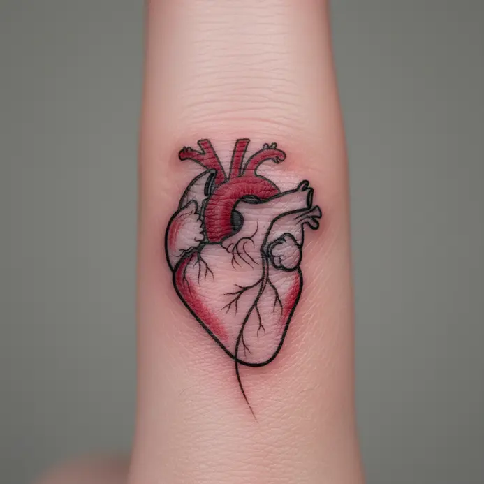 A minimalist, continuous-line tattoo of an anatomical heart wrapping around a finger.
