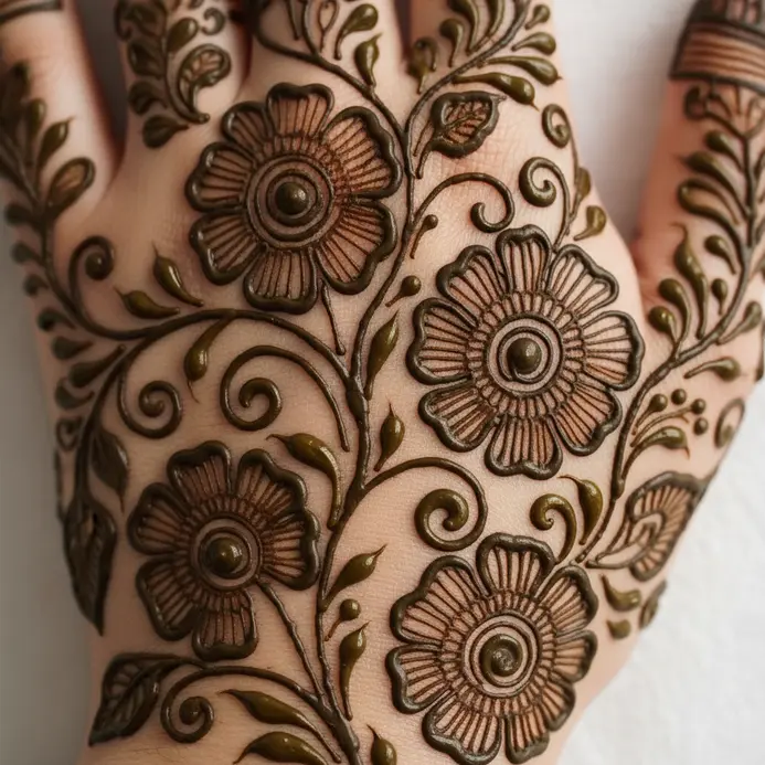 A bold henna tattoo with Arabic floral motifs and vine-like elements covering the back of a hand.