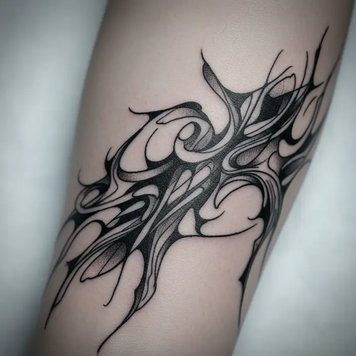 A simple outline of a human body with arrows pointing to common tattoo placement zones like the forearm and ribs.