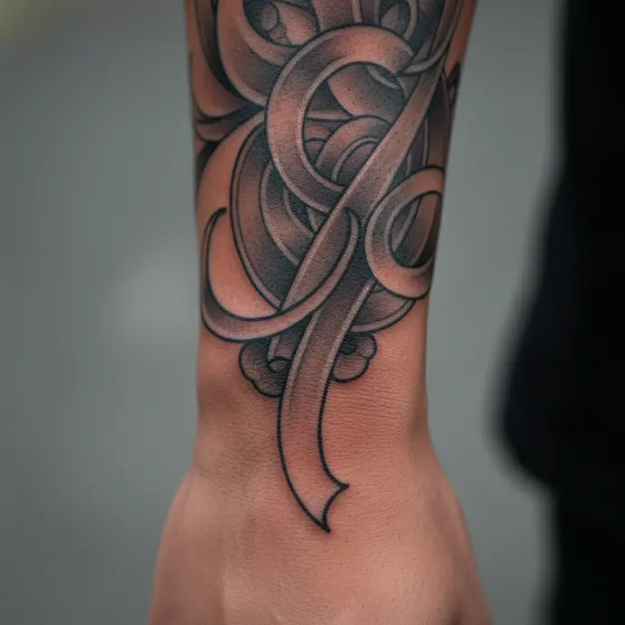 A tattoo artist and client leaning over a sketchpad, discussing and adjusting a detailed tattoo design together.