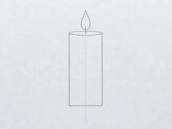 A pencil sketch showing a cylindrical candle body with a flat ellipse on top and a teardrop-shaped flame.