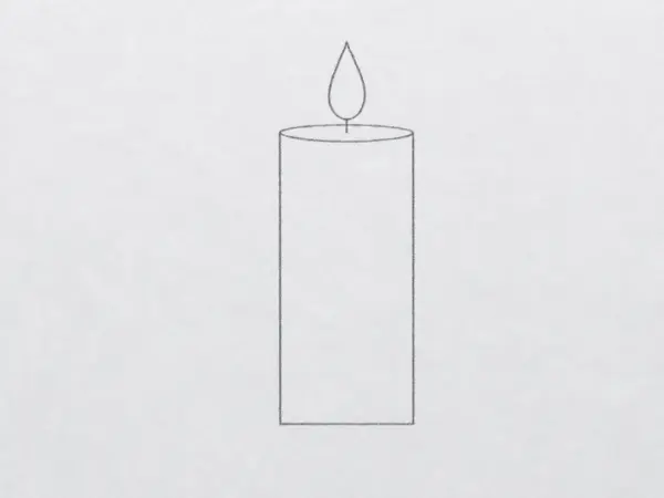 A clean pencil drawing of a candle with a body, a flat top, a wick, and a flame on white paper.