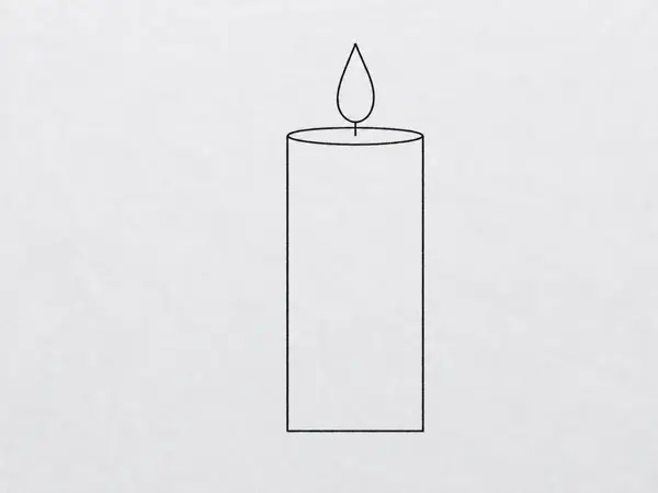 A clean ink line drawing of a candle with a cylindrical body, a wick, and a flame on white paper.