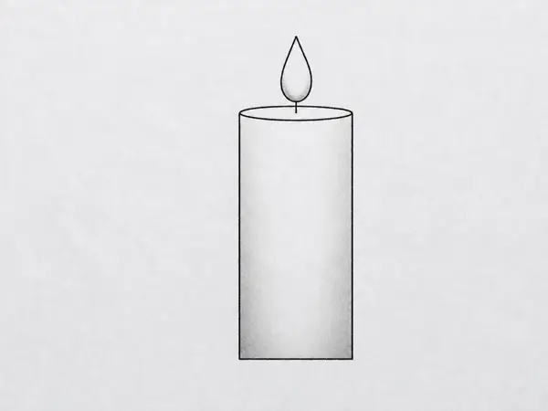 A finished ink drawing of a candle with soft pencil shading on the body and at the base of the flame.