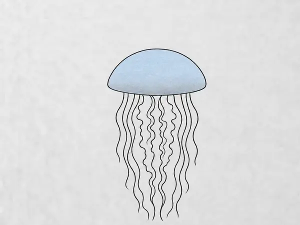 A shaded and inked jellyfish drawing with a light, translucent blue color wash applied to its main dome body.