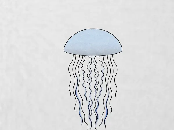 A completed jellyfish artwork with ink lines, soft shading, and layered blue color, showing a light wash with darker accents for detail.