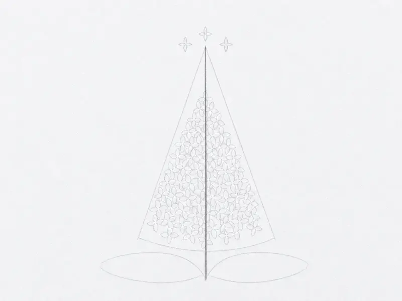A completed pencil drawing showing a cluster of florets on a thicker central stem, with a few simple oval leaf shapes at the base.