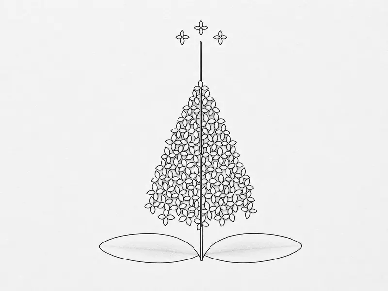 An inked lilac drawing with light, circular pencil shading added between the florets to create a sense of rounded volume.