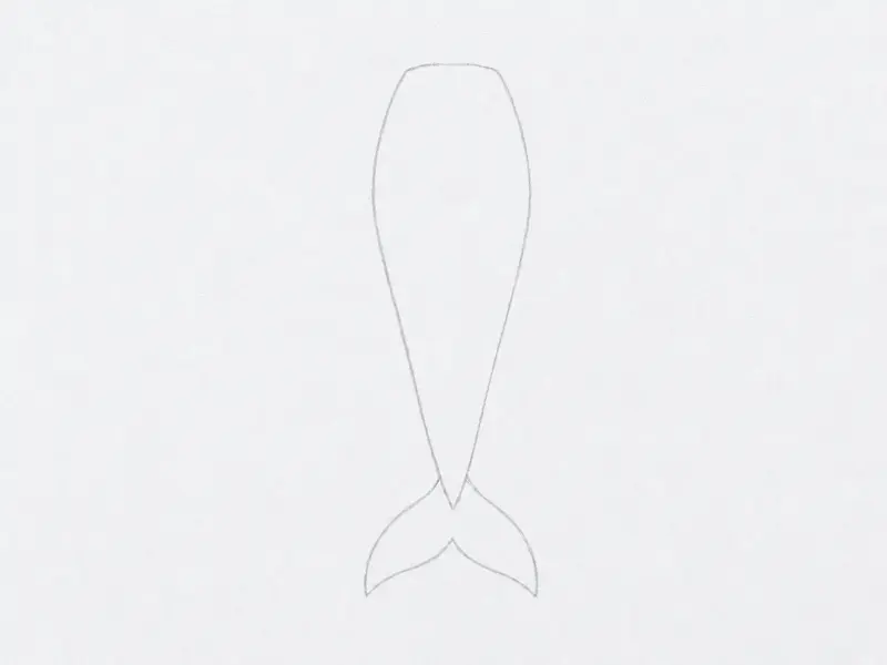 A clean pencil drawing of a mermaid tail with a graceful curve and wide fin on white paper.