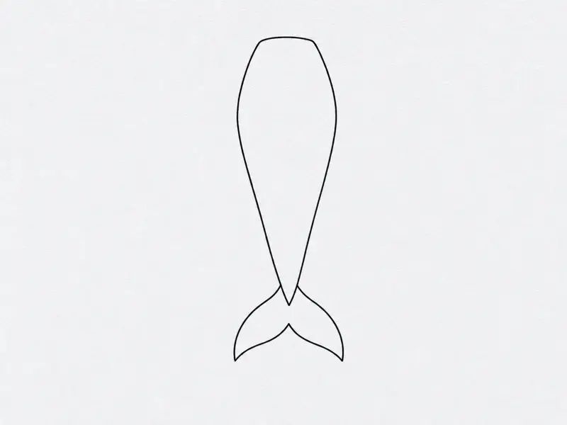 A black ink drawing of a mermaid tail with clean, defined edges on white paper.