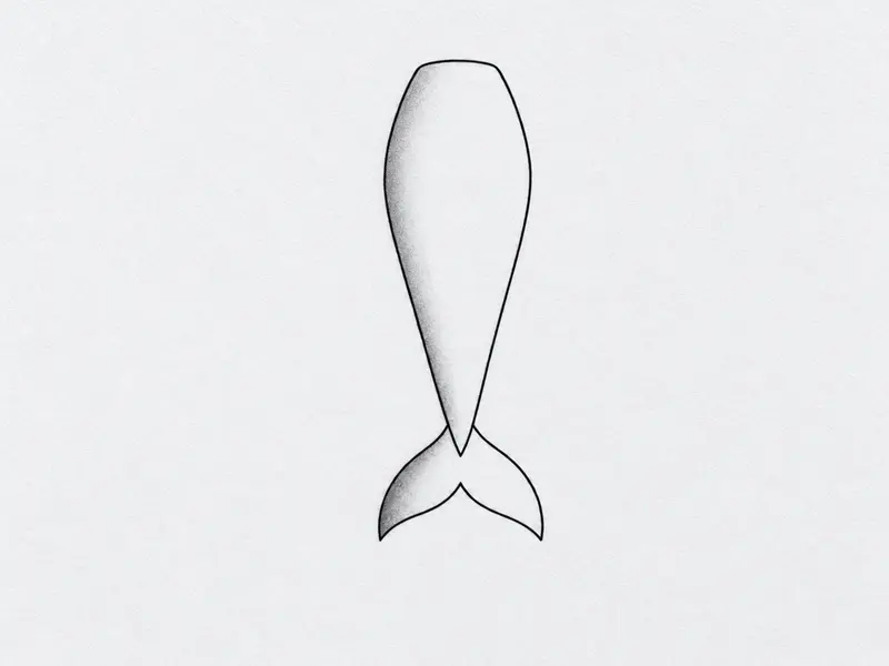 A completed mermaid tail drawing in black ink with soft pencil shading along one side for a three-dimensional look.