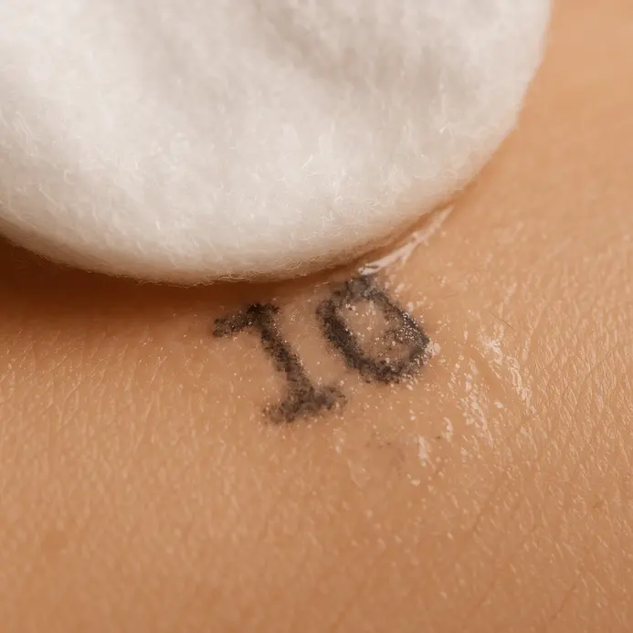A hand holds a cotton pad soaked with baby oil over a temporary tattoo on an arm.