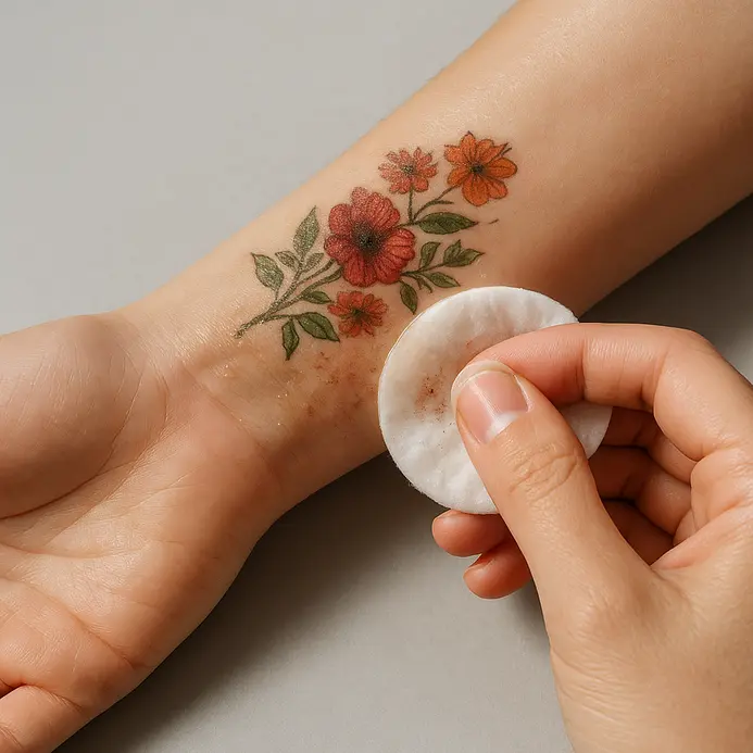 Fingers gently rubbing a damp cloth in small circles over previously tattooed skin.