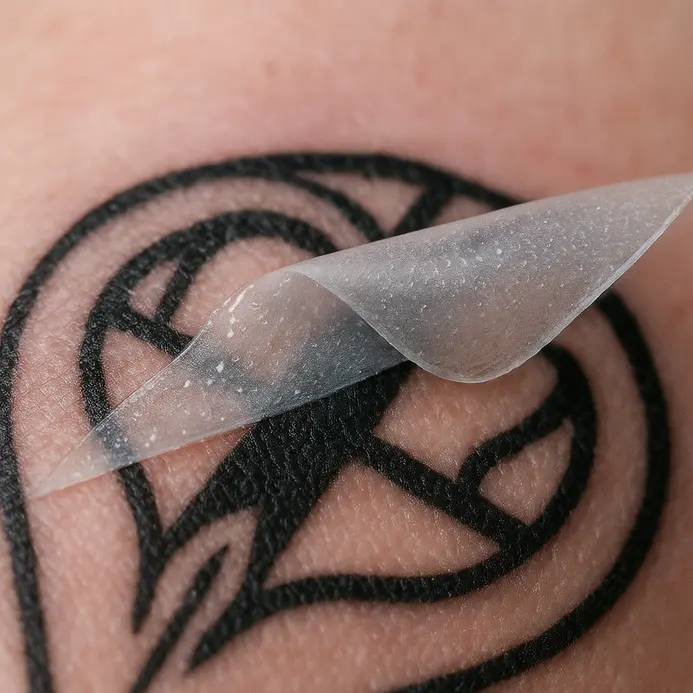 A hand gently peeling back the edge of a clear adhesive bandage from a new tattoo on an arm.