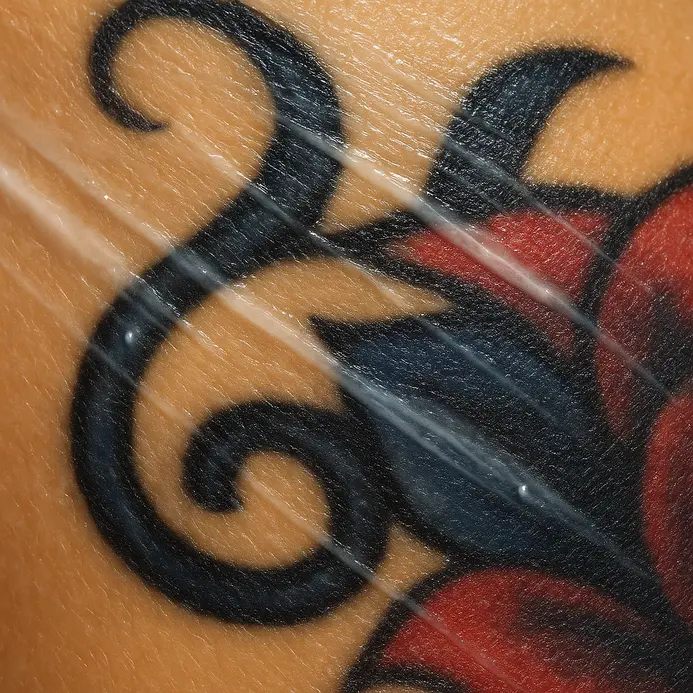 A hand smoothing a light, unscented lotion onto a fully healed, vibrant tattoo on a calf.